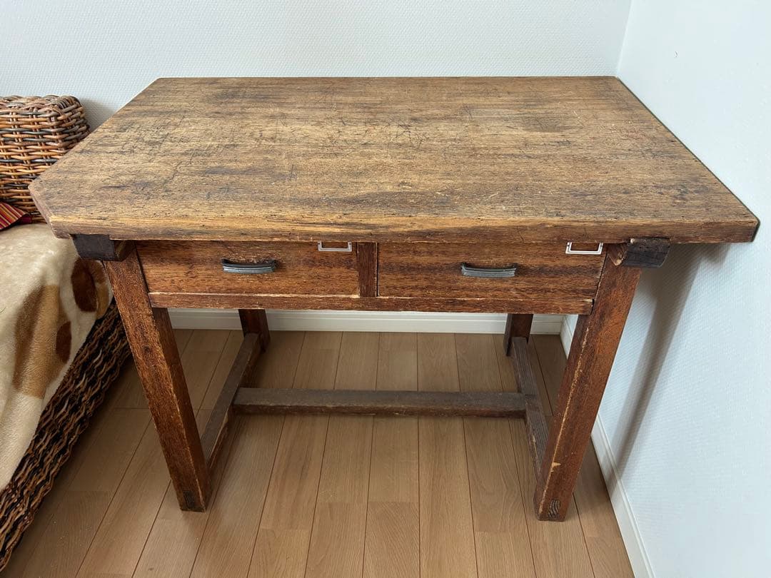 作業台 木製テーブル デスク 古家具 ヴィンテージ風/アンティーク アンティーク 作業台 作業机 欅 無垢材 昭和レトロ 家具 机 店舗什器